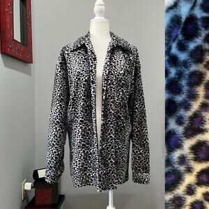 Vintage Third Rail Plush Fleece Longline Leopard Print Shacket Shirt Jacket Lg